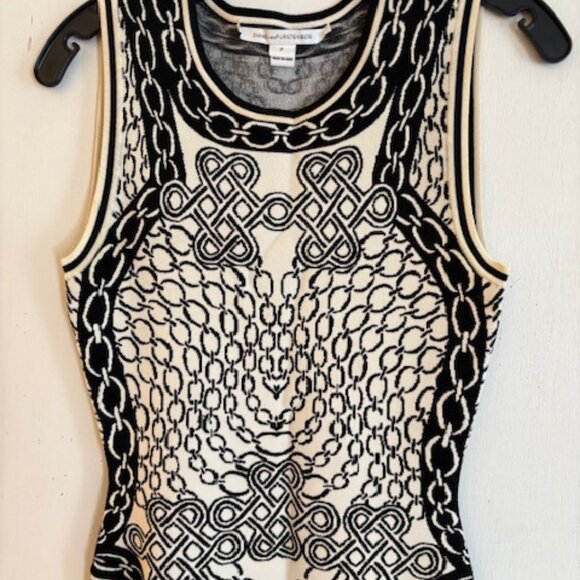 Diane Von Furstenberg Black & White Dress, Chain Link Pattern, Sz P, NWOT - Picture 4 of 6